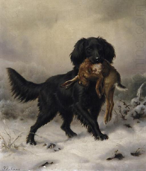 Schwarzer Setter apportiert Hasen in winterlicher Landschaft, Johannes Deiker